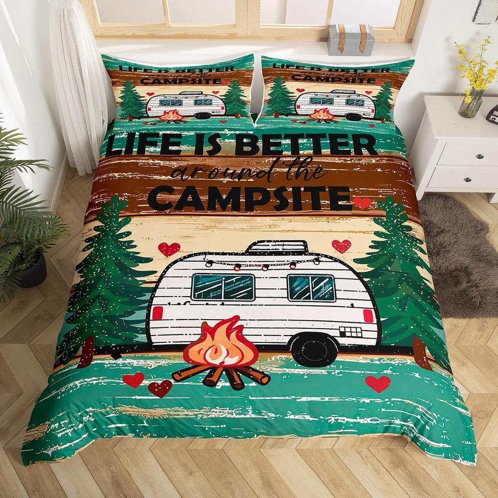 Happy Camping Duvet Cover Queen Full Twin King Camper Theme Comforter Cover With 2 Pillowcase Rustic Farmhouse Style Bedding Set