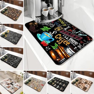 Coffee Menu Pattern Dish Drying Mat Non Slip Super Absorbent Dining Table Kitchen Rug Tableware Desktop Drain Pad Home Door Mats