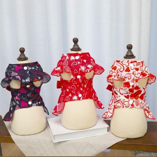 Hundekleid mit roter Schleife Herz-Aufdruck Flatterärmel Rüschensaum Haustier Kostüm Outfit Bekleidung für kleine Hunde Katzen