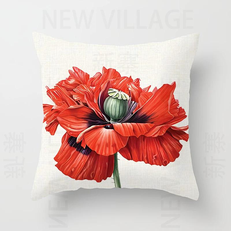 Nordic modern red flower linen pillowcase sofa cushion cover home decoration can be customized for you 40x40 50x50 60x60 45x45