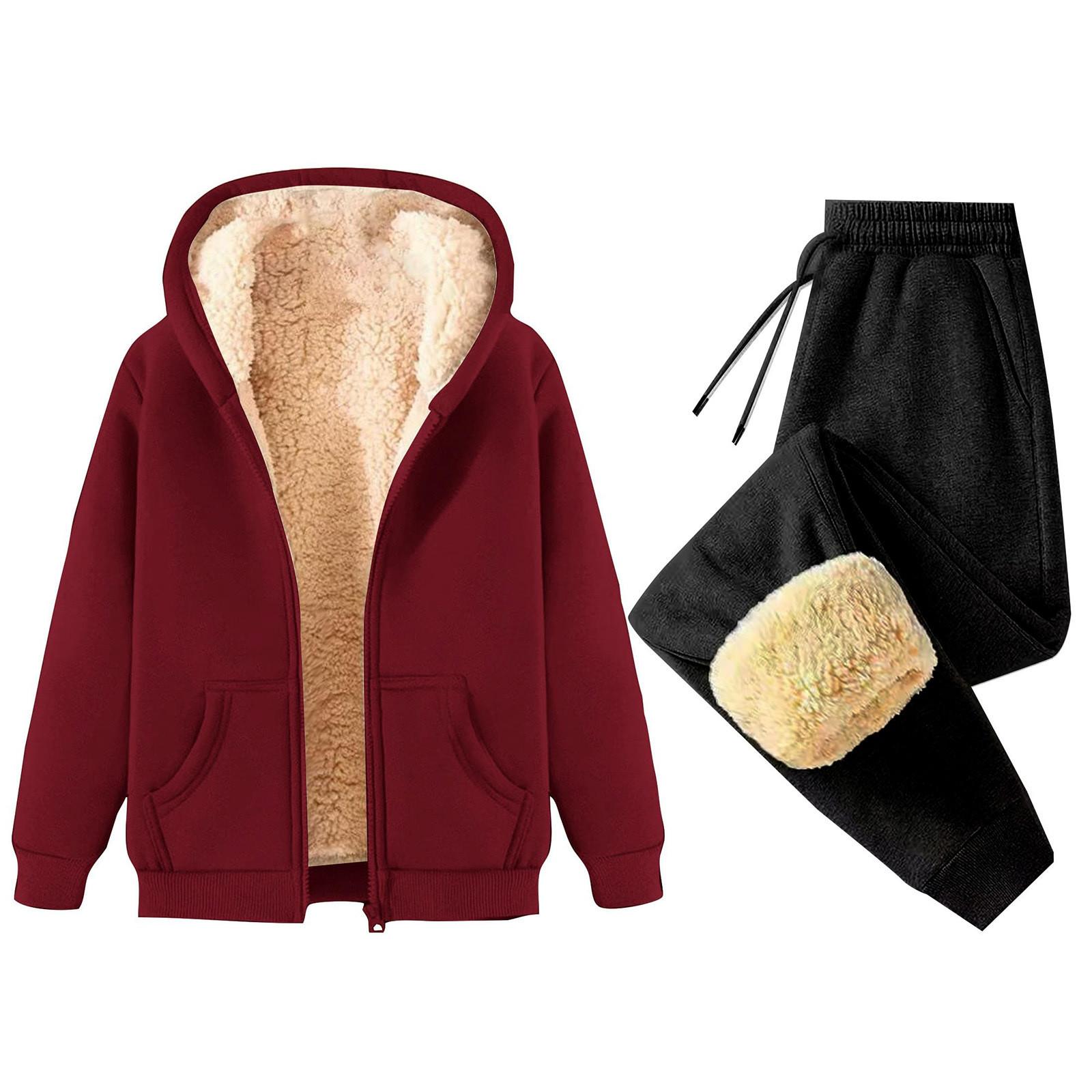 

Женская мода однотонная и зимняя утепленная толстовка с капюшоном на молнии, куртка, спортивные штаны, повседневный комплект из двух предметов XXL винный