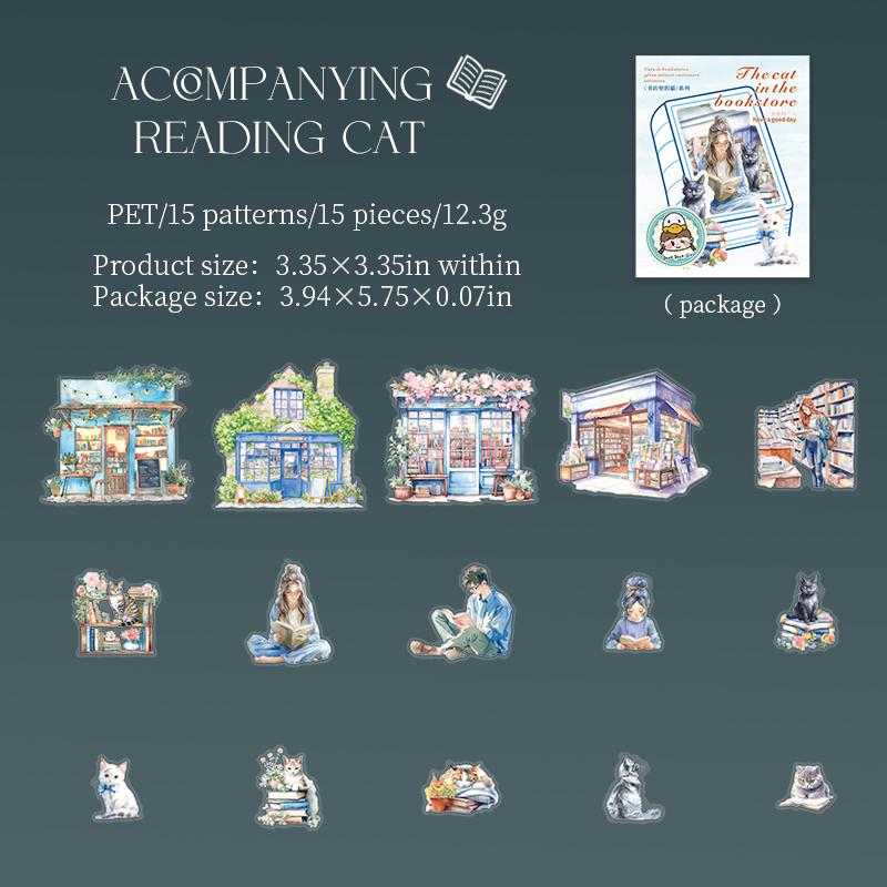 

15pcs/bag PET Stickers Warm Bookstore Reading Pet Character Sticker Creative Hand Account Collage Material DIY Greeting Card