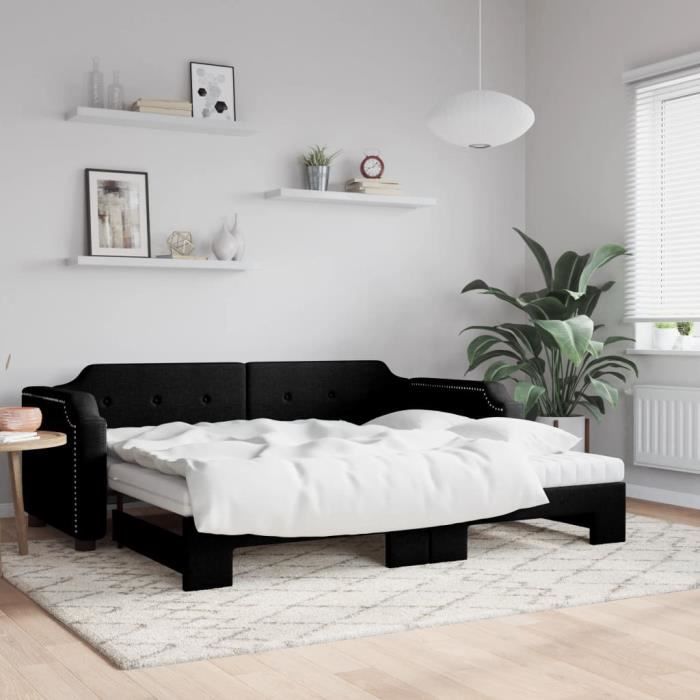 VidaXL Lit de jour avec lit gigogne et matelas noir 80x200 cm tissu 3197649