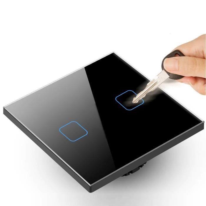 Interrupteur d'éclairage mural tactile - maclean - double - verre noir - 1000w - 2 boutons