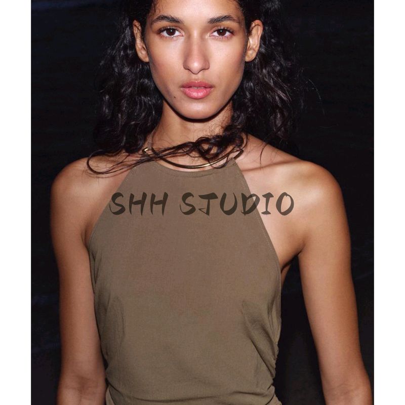 Summer New Product Women's Clothes American Ruched Decorative Accessories Elegant Hanging Collar Midi Skirt Dress 3564092