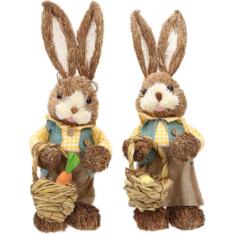 

Easter Ornaments Handmade Straw Rabbit Woven Figurine Holiday Decors Sculptures Statuette Yard Party Home Supply 2Pcs