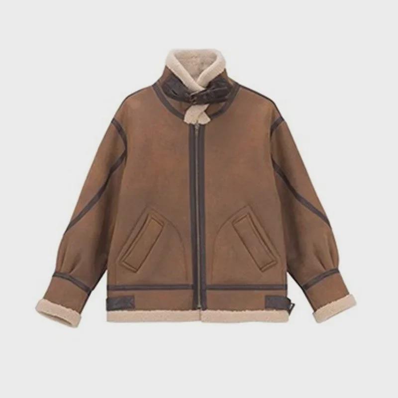 2024 Women's Retro Winter Motorcycle Jacket - Lambswool, Suede, Deerskin, Maillard Fur Coat