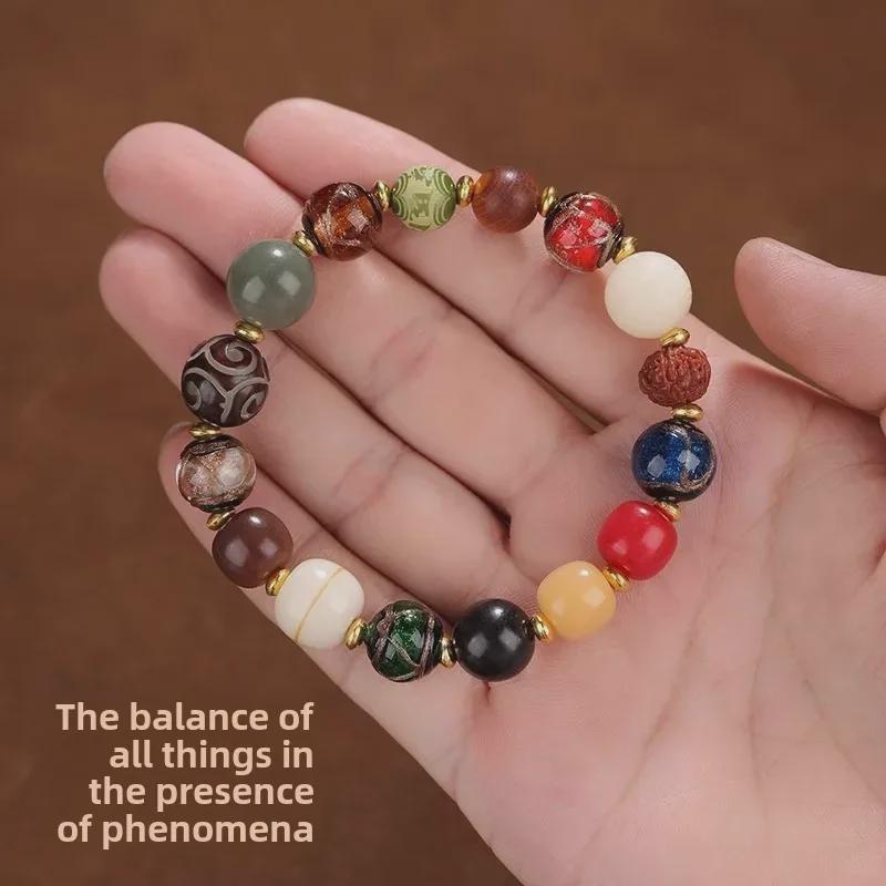Five-Element Bodhi Seed Bracelet: Incense Ash Glass, Balanced Gold, Wood, Water, Fire, Earth - Ethnic Jewelry for Men and Women.
