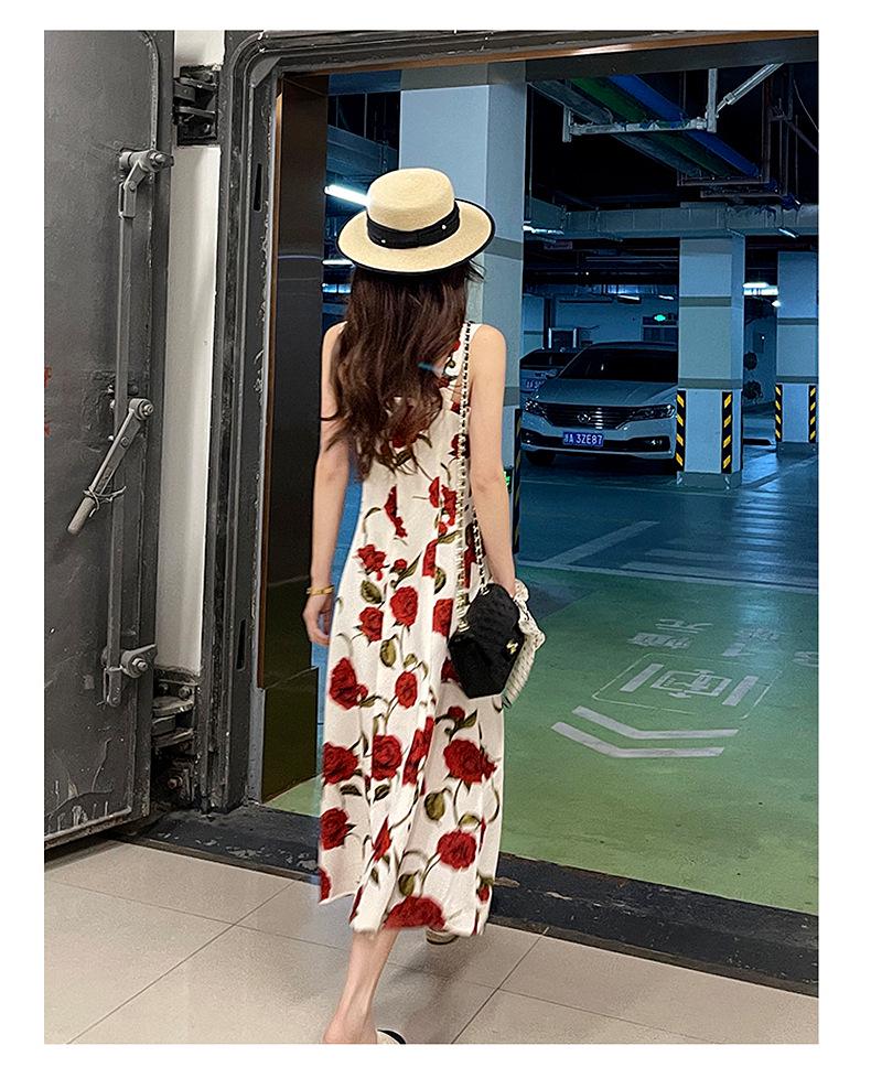 Women's French Retro Rose Floral Suspender Dress - Elegant and Chic Long Design