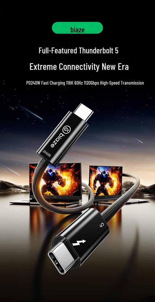 Biazi Thunderbolt 5 Type-C Cable, 120Gbps, 16K Video, 240W Fast Charging