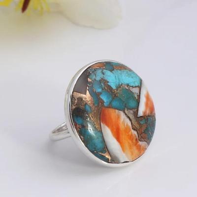 Auster Kupfer Türkis Rund Edelstein Ring, handgemachter Ring, Statement Ring, Unisex Ring, Geburtstagsschmuck, 925 Silber Ring