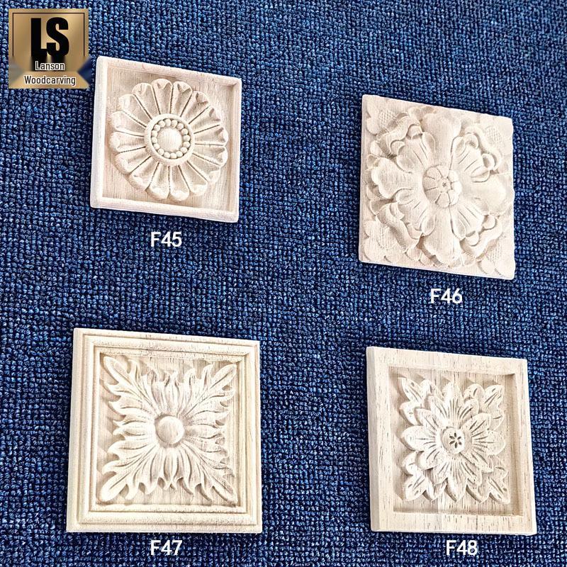 European Solid Wood Relief Carving: Square Rubber Wood Floral Patch for Cabinet Decoration