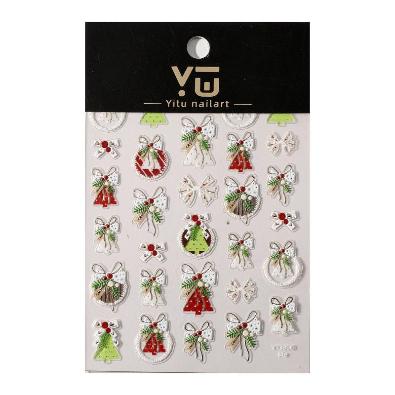 3D Embossed Christmas Wreath And Bell Nail Art Stickers Festive DIY Manicure Decorations Adhesive Nail Accessories
