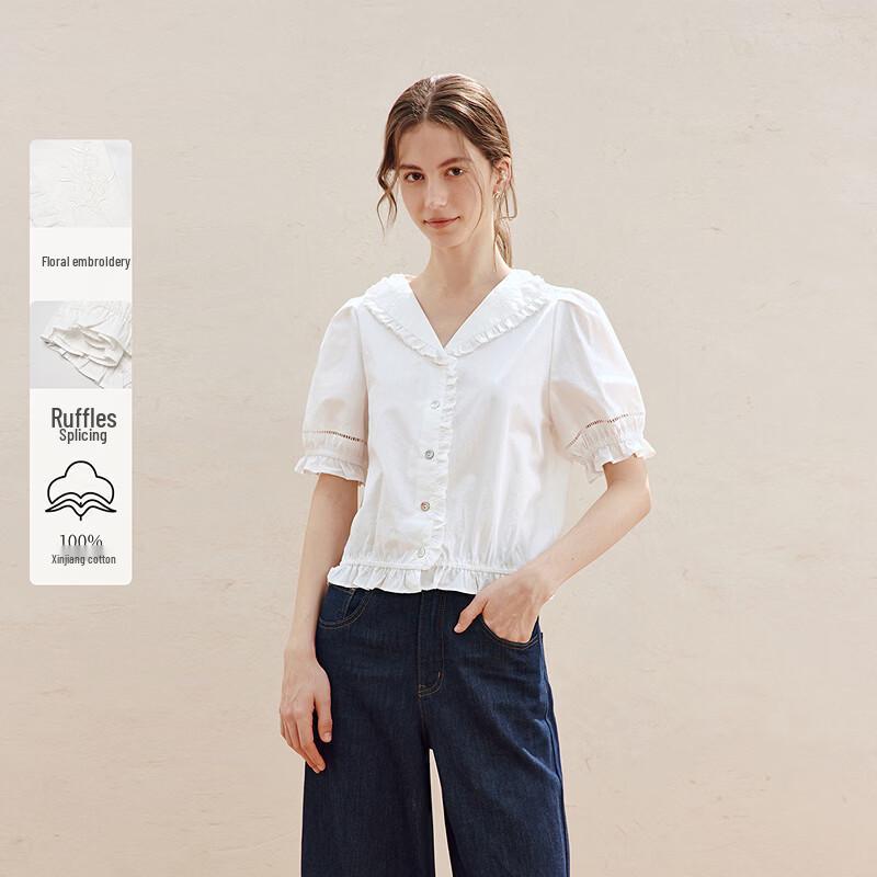 

INMAN French Embroidered Sailor Collar Cotton Puff Sleeve Shirt M