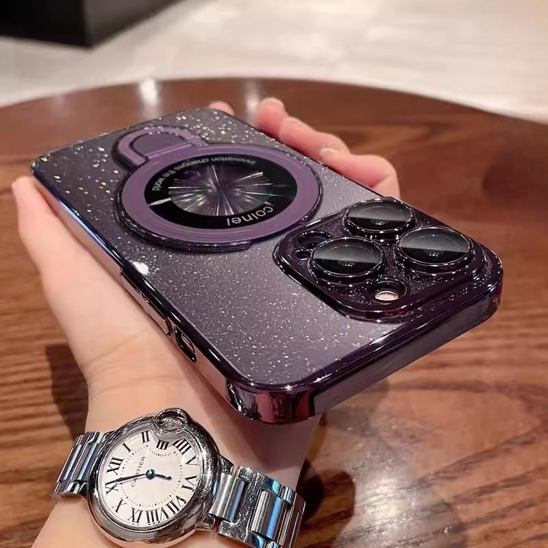 Suitable for IPhone 16 Mobile Phone Box Fulcrum Electroplated Star Sky Magnetic Suction Bracket Apple 15 Transparent All-inclusive Hard Cover