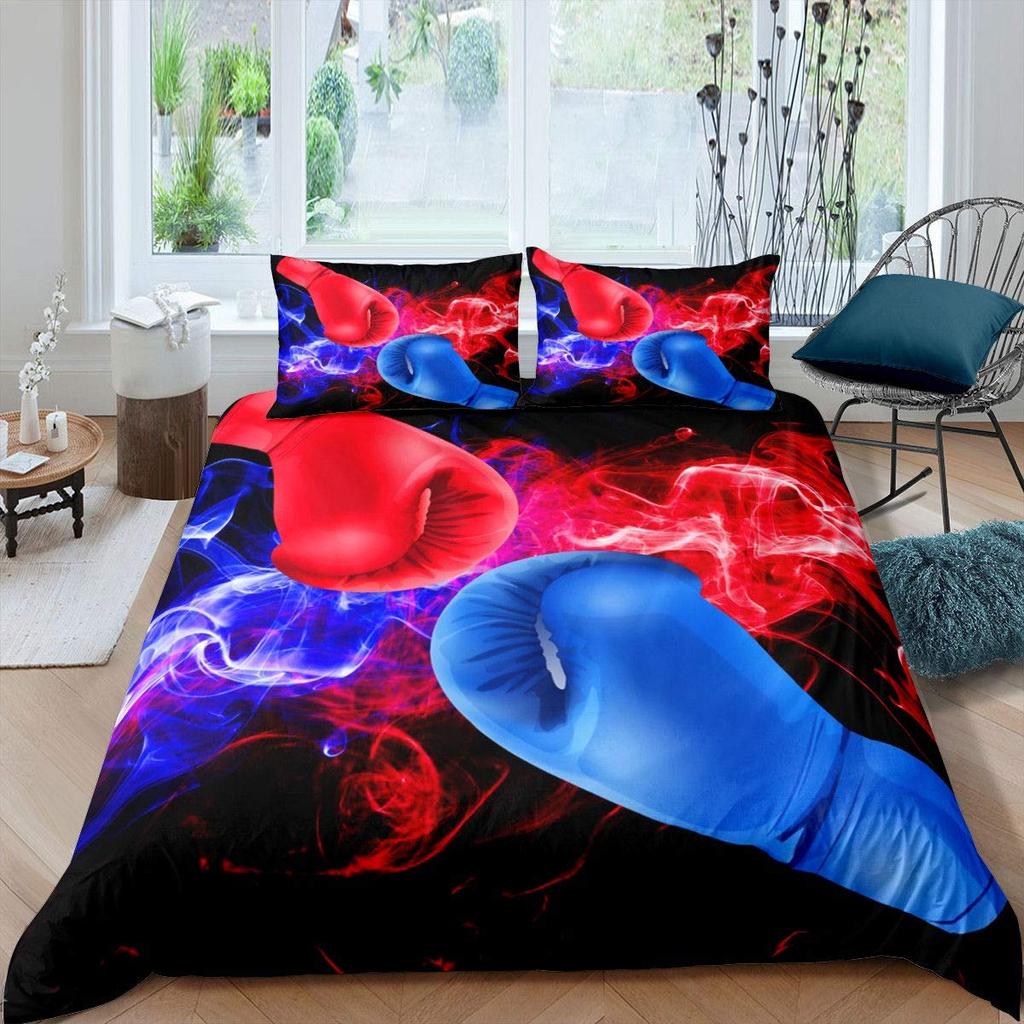 Boxing Soft Duvet Cover Twin Quen,Sports Game Theme Beding Set Boxing Gloves Comfortable Quilt Cover,Athlete Silhouete Patern Warm Comforter Cover