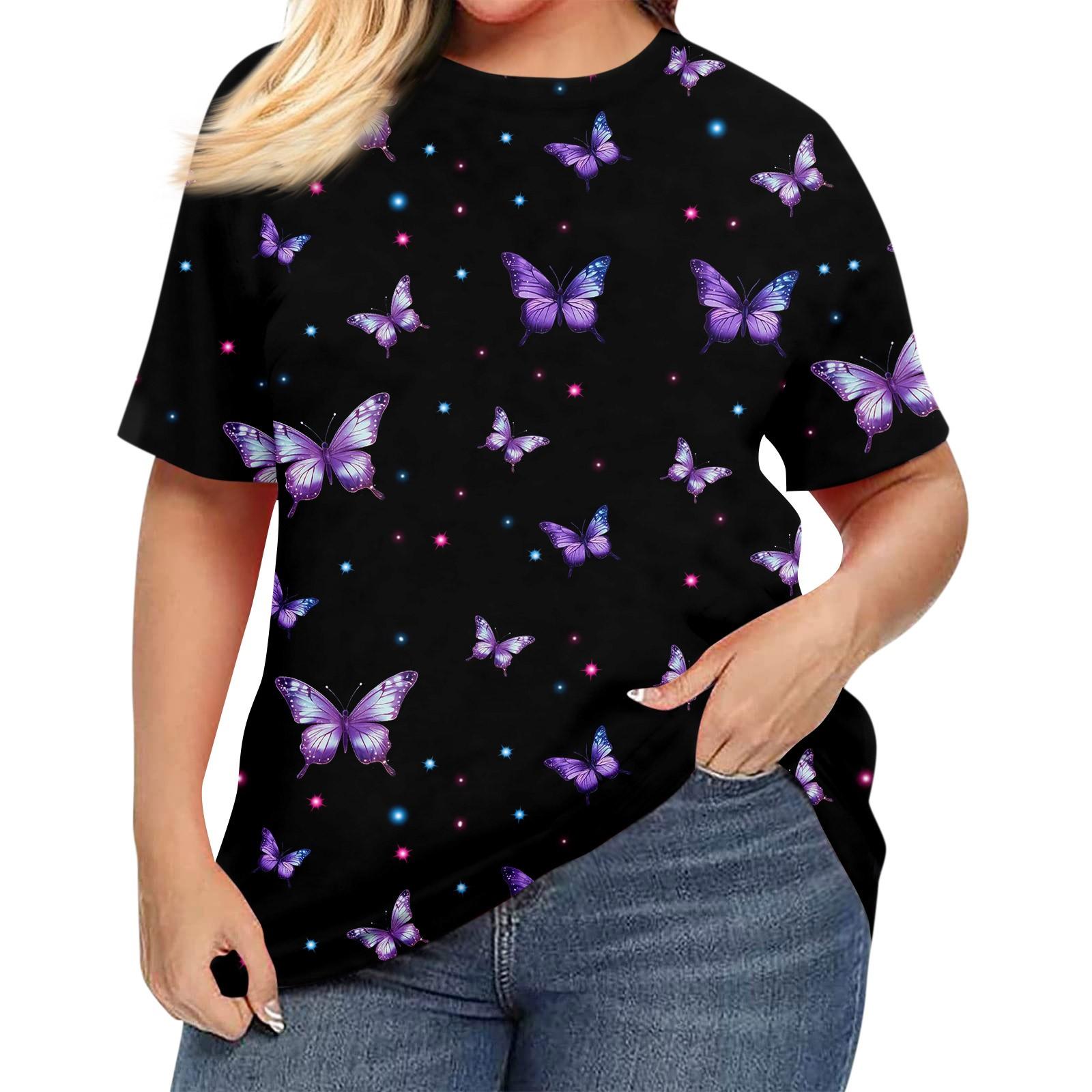 

Жіноча сорочка з коротким рукавом і круглим вирізом, футболка великих розмірів, повсякденні топи з принтом фіолетовий