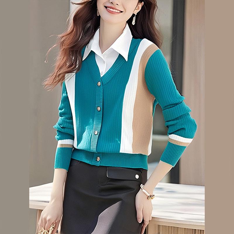 

Женская рубашка воротник поддельный два трикотаж модный иностранный осень и зима длинный рукав свитер one size синий