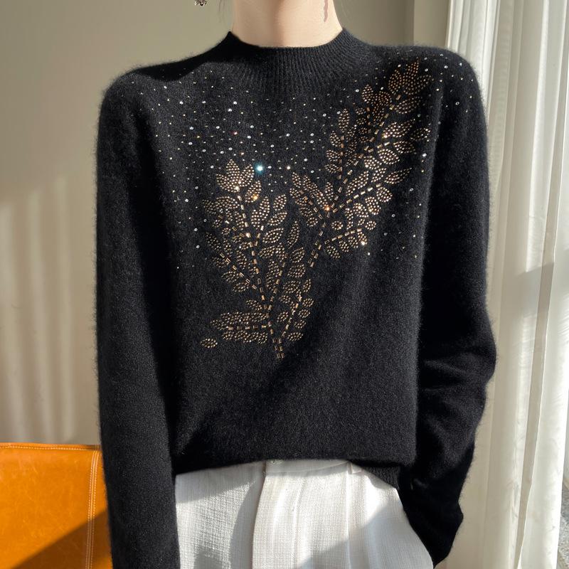 Thick Sequin Leaf Knit Sweater for Women - Autumn/Winter Half-High Collar