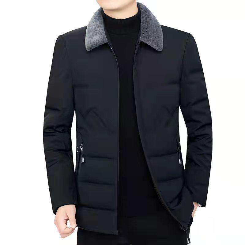Men's Middle-Aged Warm Down Jacket with Detachable Fur Collar and Fleece Lining