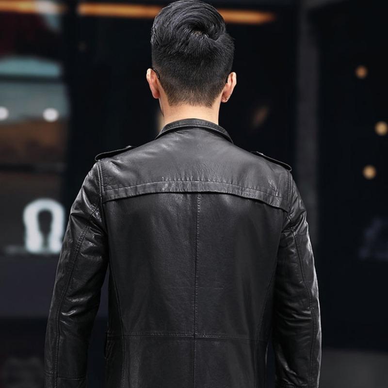 Men's Genuine Leather Clothing Oil Waxed Sheepskin Suit Collar Mid-Length Windbreaker Jacket New Style