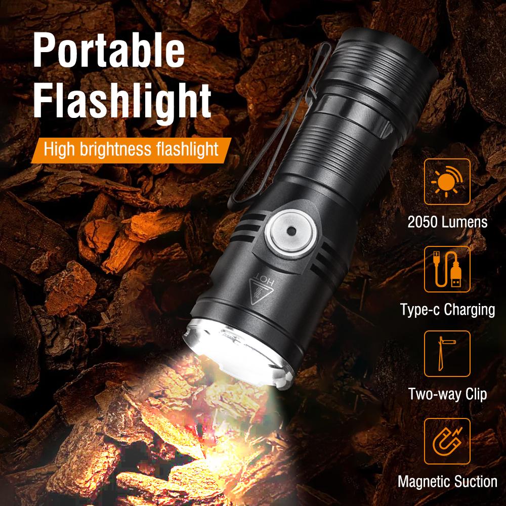 BORUiT LED Flashlight Built-in Battery USB-C Rechargeable Lamp Waterproof Work Fishing Torch Camping Hunting Head Lamp Tiki