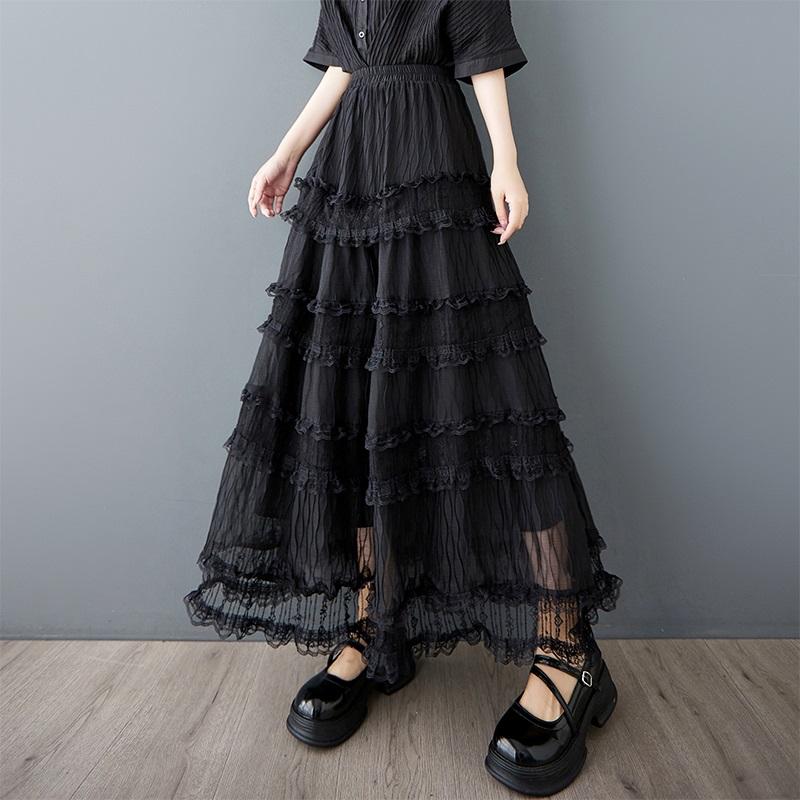 Black Plus Size Mesh Lace High Waist Vintage Summer Casual Loose Long for Woman Skirts Womens Skirt