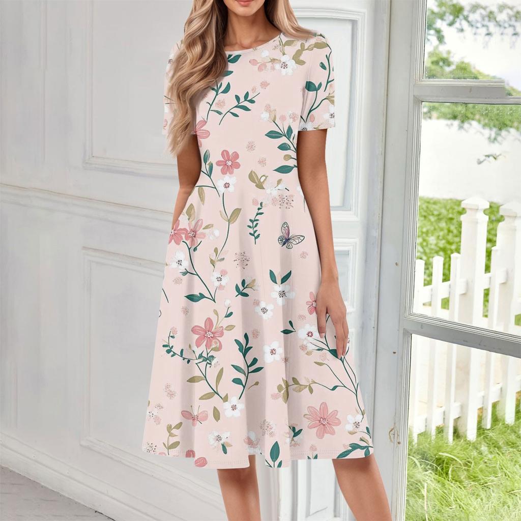 Women's Casual Fashion Round Neck Short Sleeve Floral Print Midi Dress