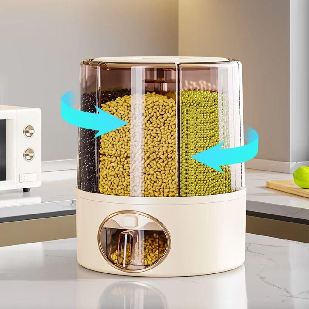 6-Grid Design Rice Dispenser One-Click Output Rotating Rice Bucket Airtight Barrel Home Use
