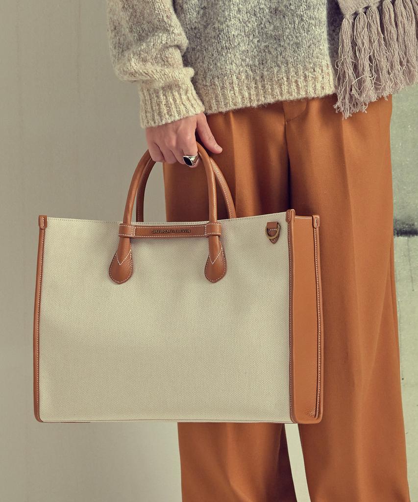Saturday Eleven Two-Tone Canvas Leather Bridge Tote Bag _ Brown Ivory