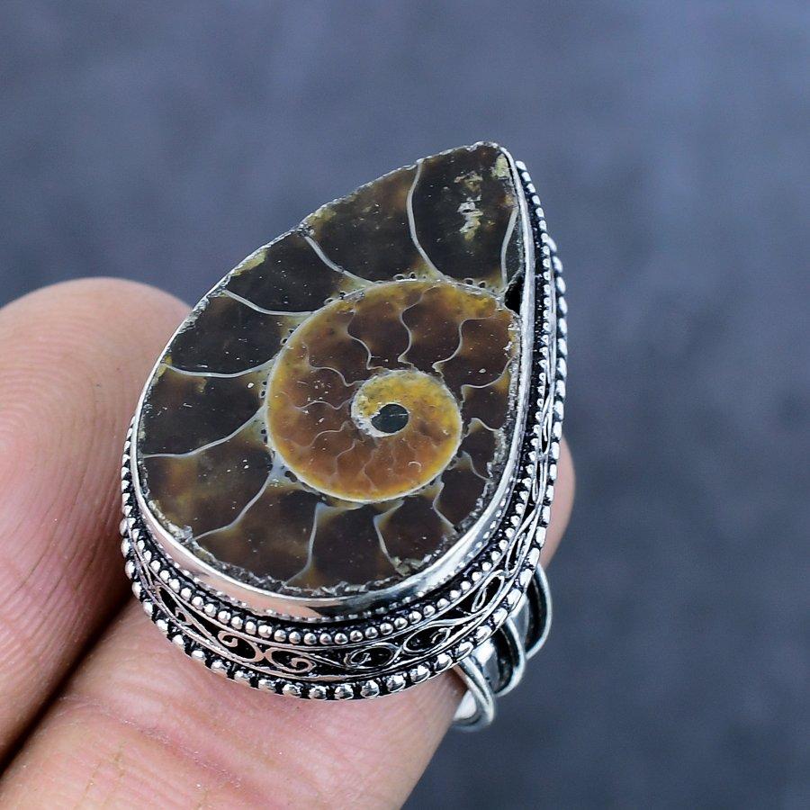 Natural Ammonite Fossil Gemstone 925 Sterling Silver Jewelry Ring Size 8 S2S48