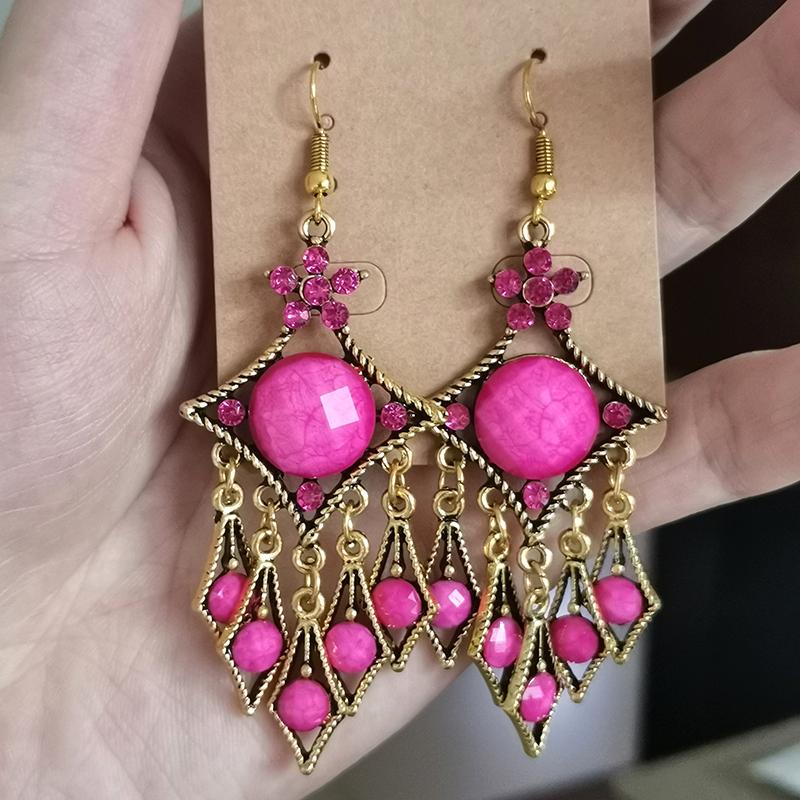 Antique Gold Color Ethnic Rhombus Water Drop Earrings for Women Elegant Long Insert Rhinestone Acrylic Geometric Dangle Earring