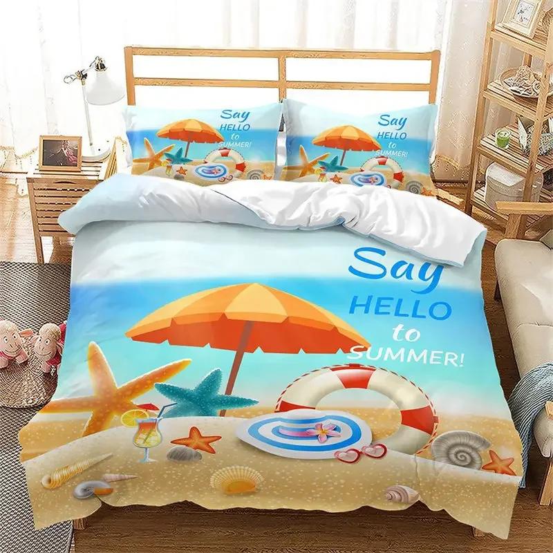 Comforter Summer Beach Hawaiian Vacation Style Seashell Starfish Bedding Set Microfiber Tropical Landscape Queen