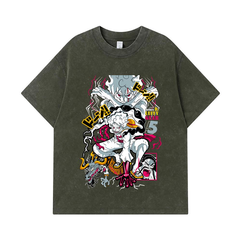 275 GSM Washed T-shirts 100% Cotton One Piece V23 Luffy Gear Print Unisex Heavy Cotton T Shirt