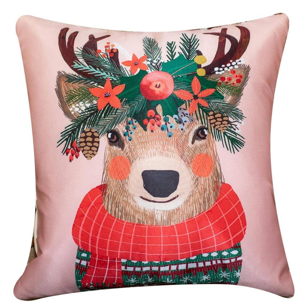 Decorative Merry Christmas Satin Cushion Cover 24 Inch X 24 Inch 5 Piece, Cusion Cover for Sofa 24"24 Set of 5, Cute Festive Animal