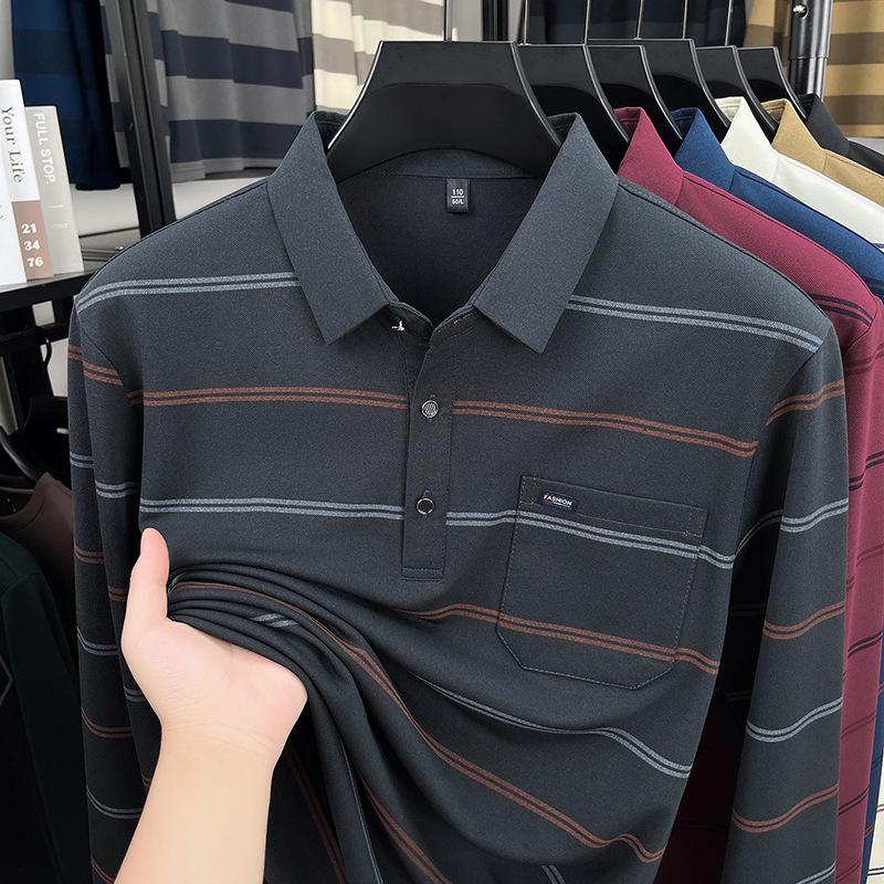 Men S Striped Long Sleeve Polo Shirt For Middle Aged Spring Autumn