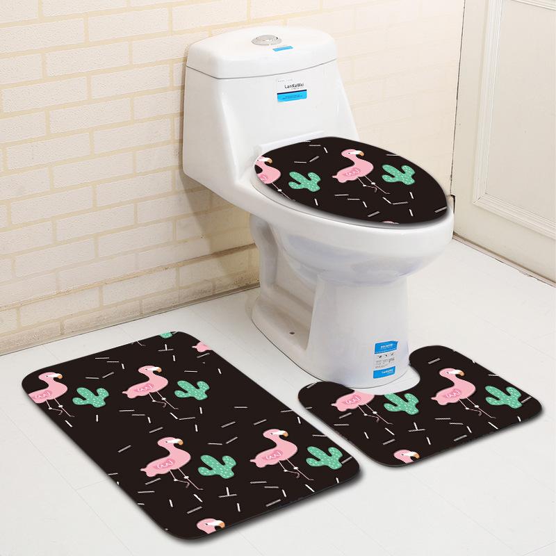 European And American Style Pink Cute Animal Flamingo Floor Mat Carpet Girl Heart Hand-Painted Illustration Toilet Three-Piece Set