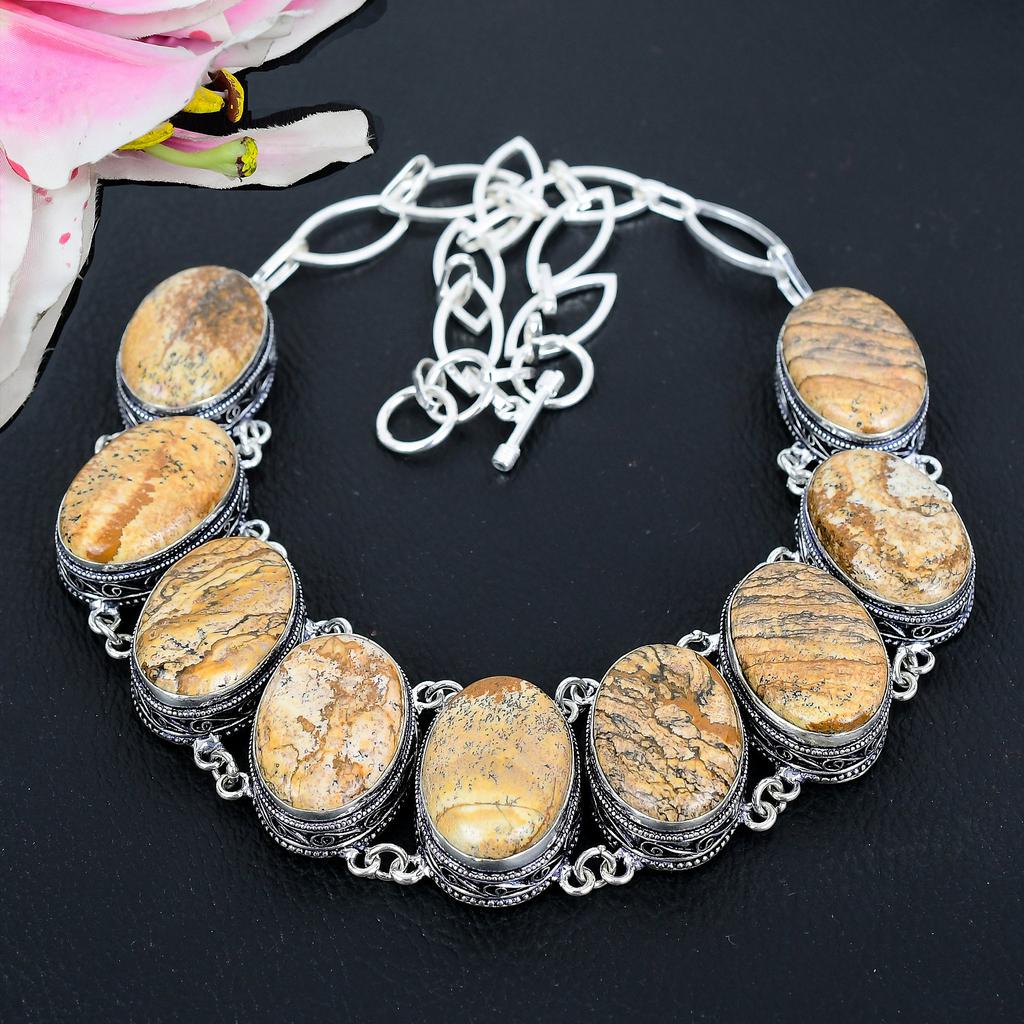 Picture Jasper Gemstone Handmade 925 Sterling Silver Jewelry Necklace 18" KG-1633