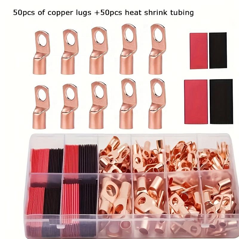 100pcs Battery Cable Lug Kit - Non-Insulated Crimp Terminals with 50 Heat Shrink Tubing for Electrical Splices, 0-36V