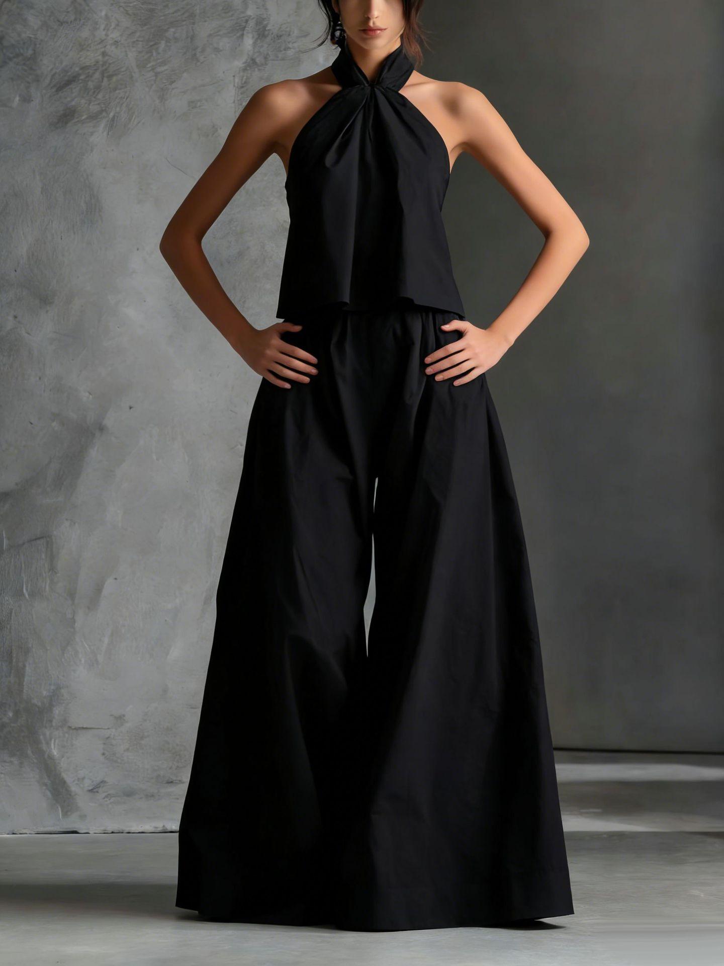 

Women s White Halter Neck Top with Twist Detail Wide Leg Pants Set XXL чорний
