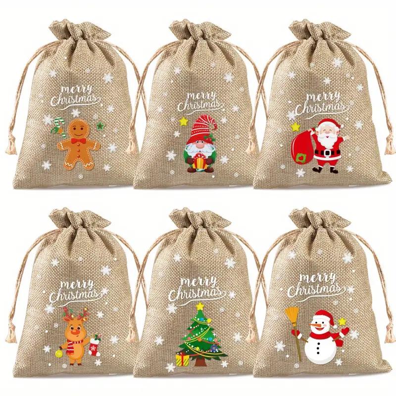 6/8pcs Small Jute Bags with Santa, Reindeer, Snowman & Christmas Tree Designs for Gift Wrapping, Christmas Decorations