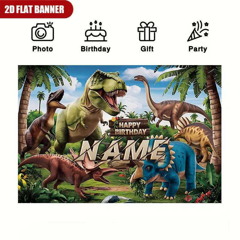 Realistic Dinosaur Birthday Backdrop, Customizable Name Jungle Background with T-Rex & Palm Trees for Boys Room