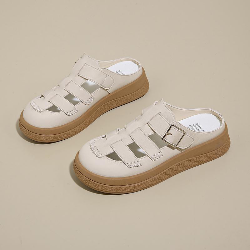 

Модные женские сандалии в римском стиле на толстом каблуке, летние повседневные биркенштоки, ретро резиновая подошва, обувь из коровьей замши 35 бежевый