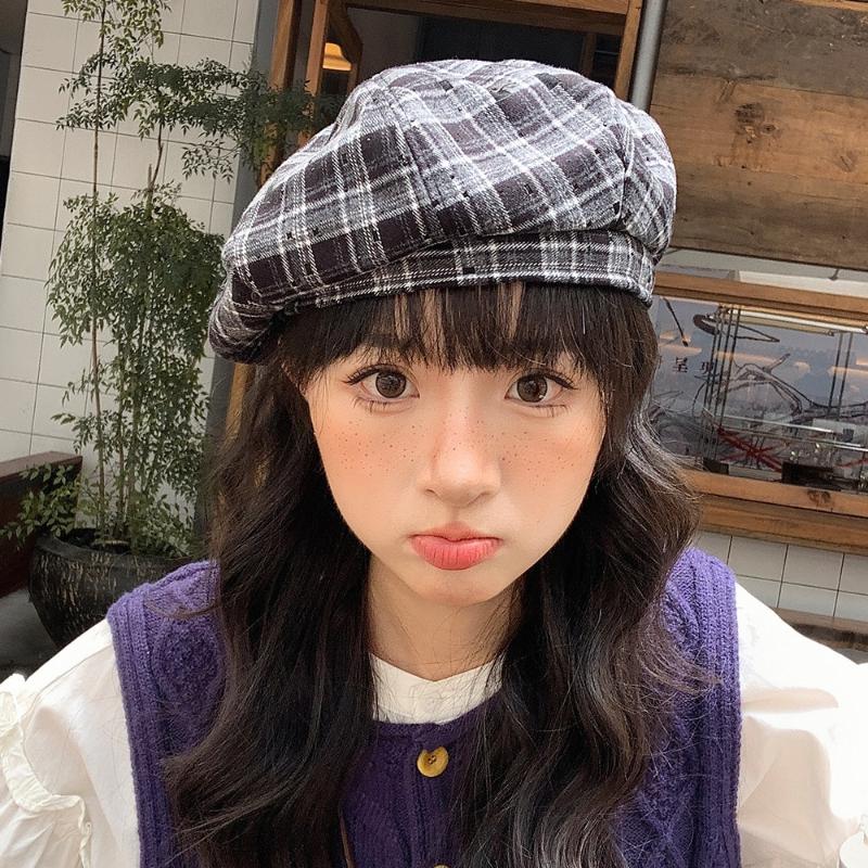 Retro Kontrastfarbene Karomuster-Baretts für Damen Japanisch Personalisierte Vielseitige Gesichtsbetonende Kleine Literarische Malerhüte