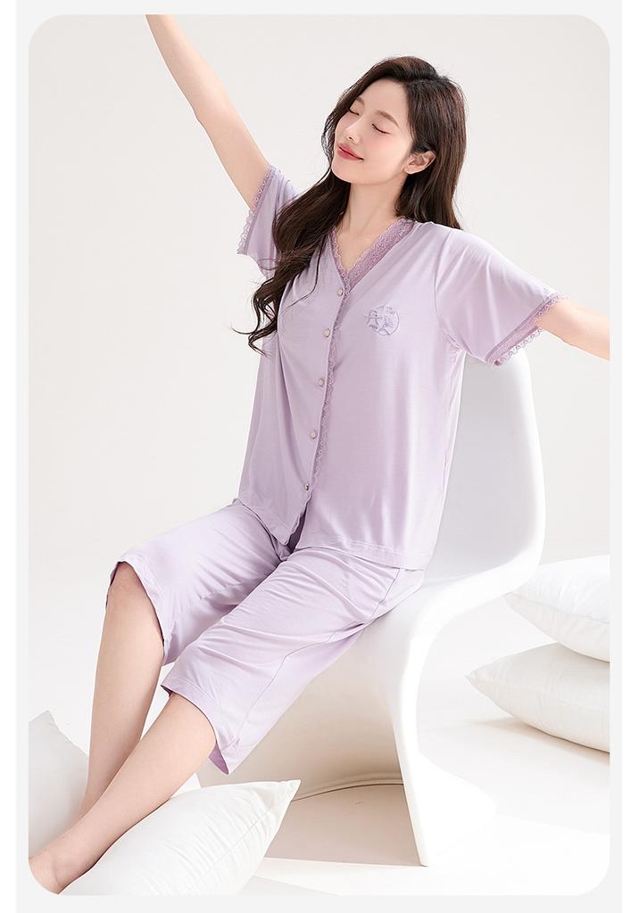 Fenteng [Soft Blended] Summer New Lace V-neck High End Short Sleeve Seven Leg Pants Home Clothes Set Women's Pajamas