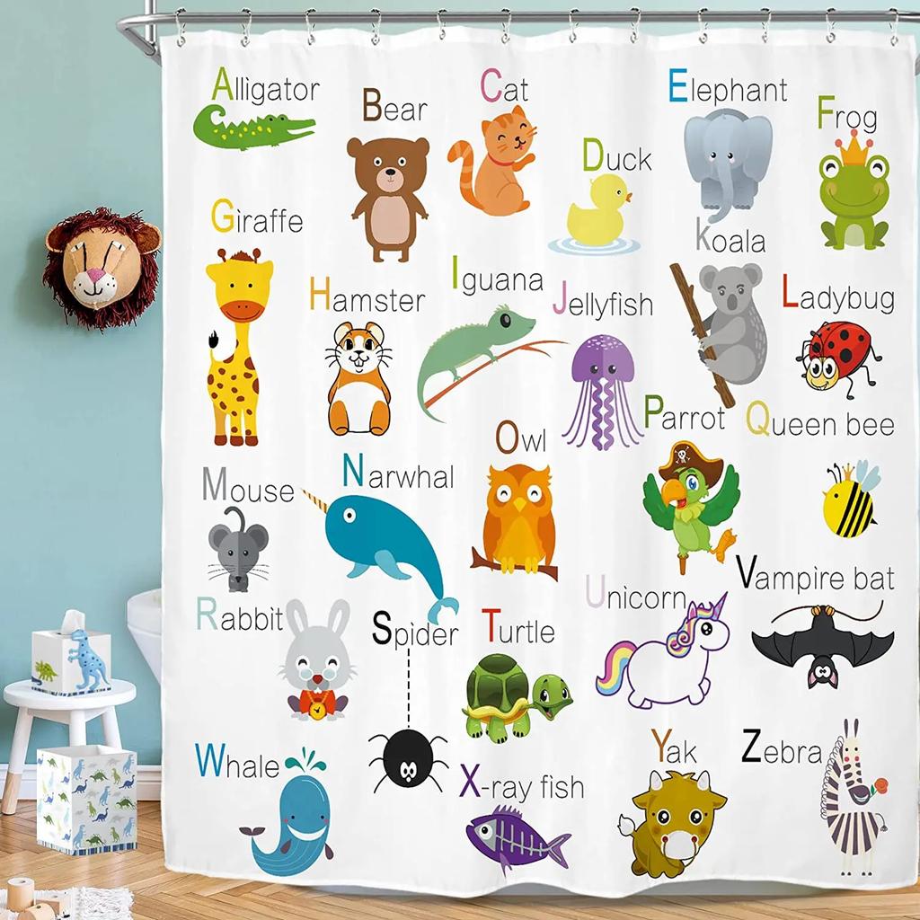 Kids Alphabet Shower Curtains For Bathroom Decor Abc Educational Learning Tool Baby Cartoon Animals Colorful Girls Boys Printed