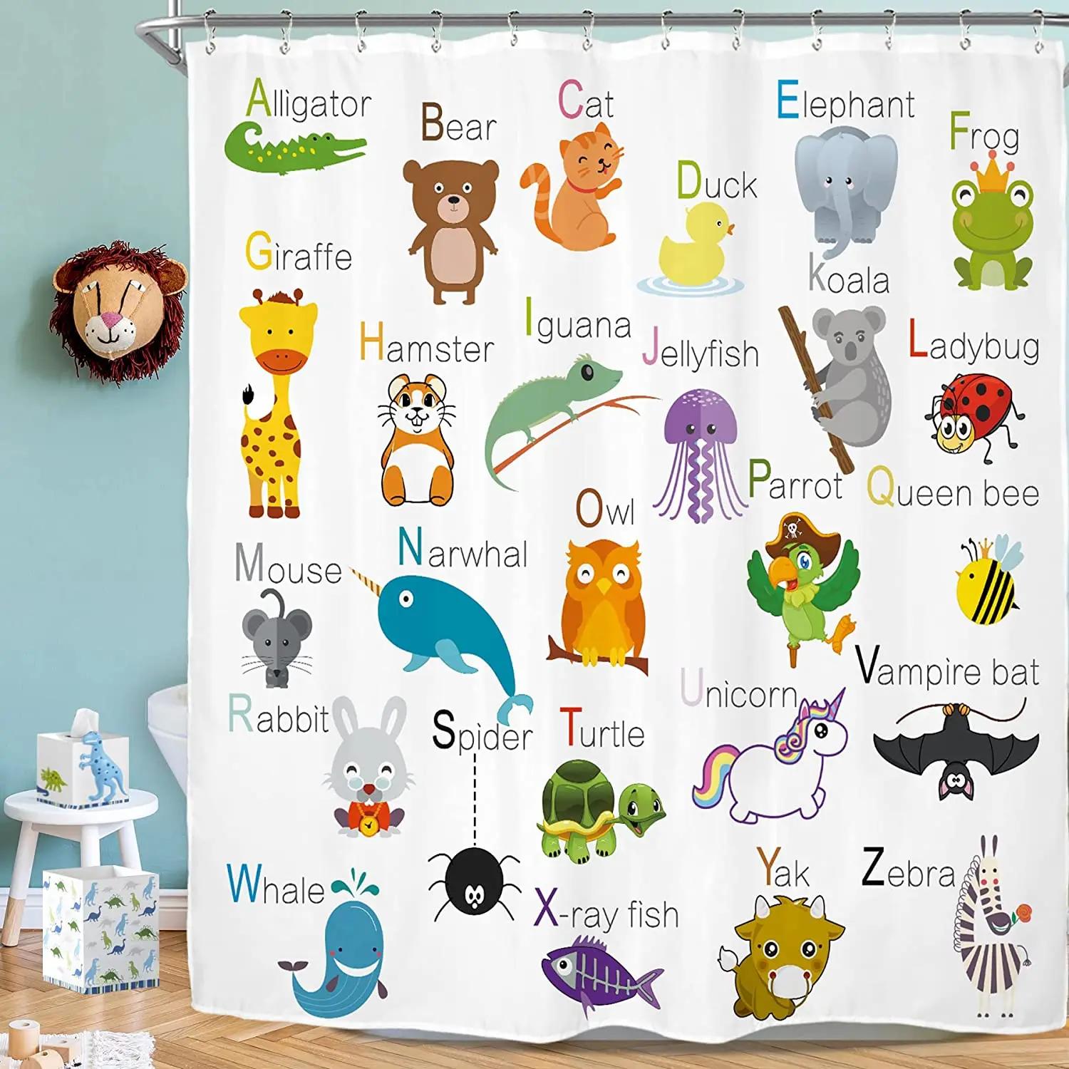 

Kids Alphabet Shower Curtains For Bathroom Decor Abc Educational Learning Tool Baby Cartoon Animals Colorful Girls Boys Printed 35x70in-90x180cm