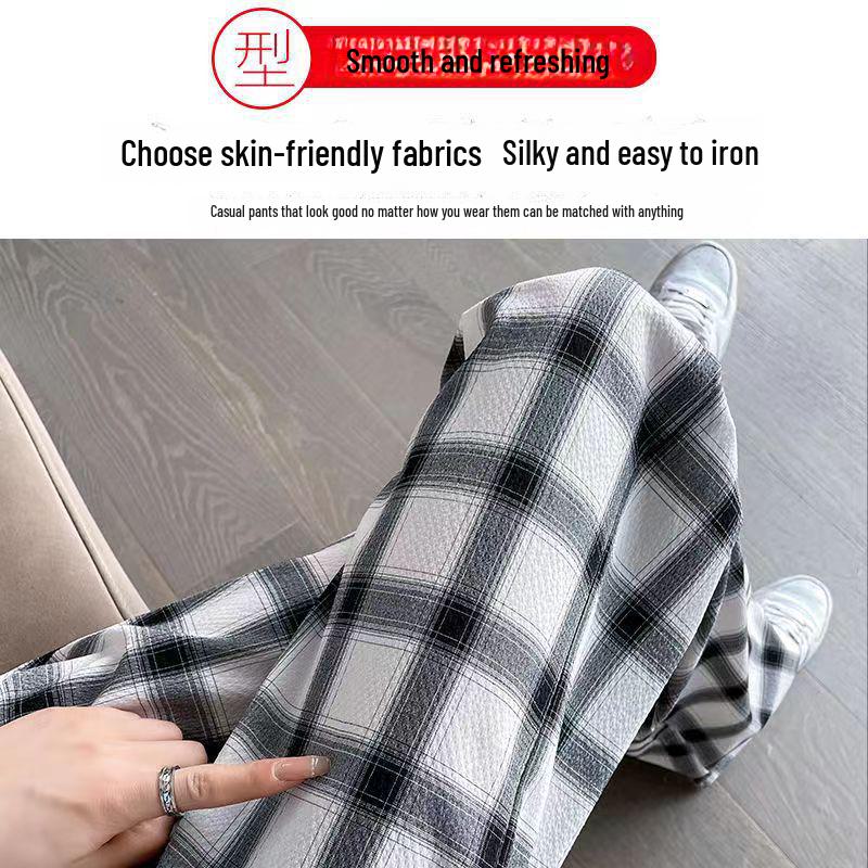 Women's High-Waist Plaid Wide-Leg Drape Pants - Black/White