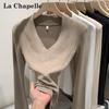 La Chapelle Women's V-Neck Padded Shoulder Long Sleeve T-Shirt