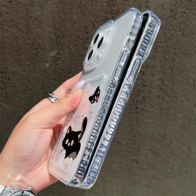Cartoon Black Cat Printed Soft TPU Clear Shockproof Casing Protective Cover Transparent Full Back Case with 1 Card Slot Holder